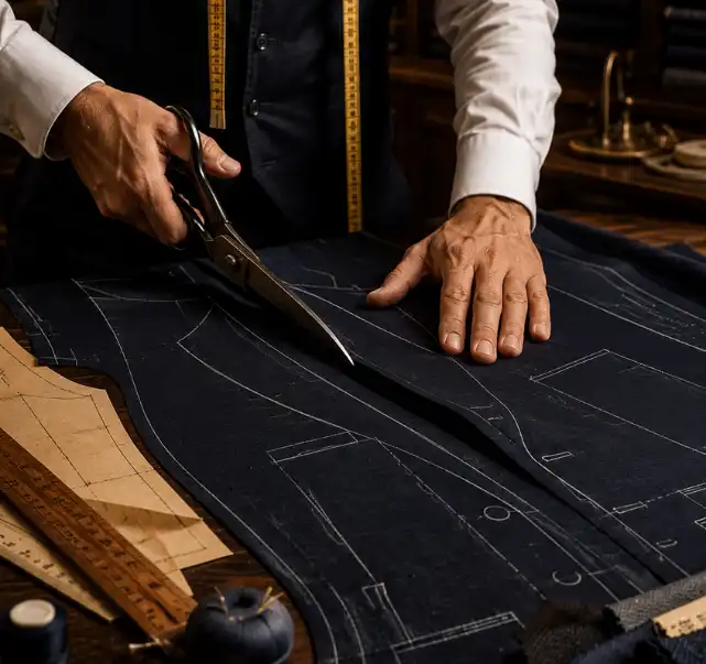 Tailor marking and cutting dark suiting fabric